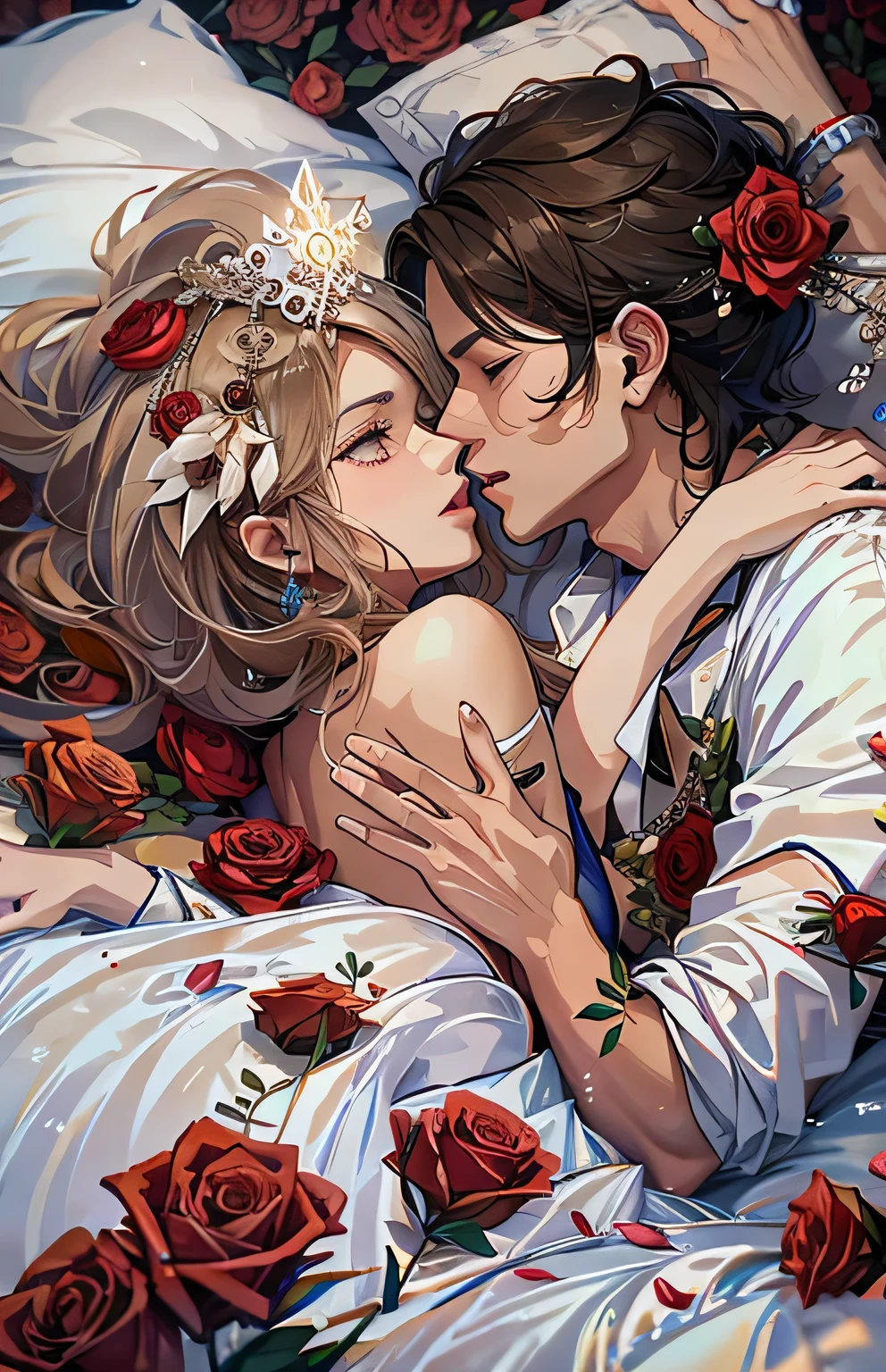 ((highest quality)), ((masterpiece)), (Get used to it), Perfect Face , Couple , 1 male , 1 female , On a bed strewn with roses , kiss , Embrace each other ,