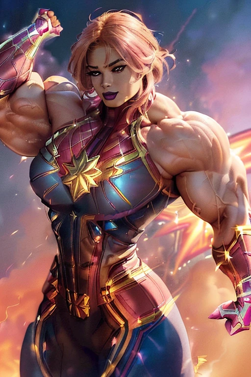 ((((Massive, beautiful, buff, light brown skinned muscular woman with shocking pink hair, black lipstick, ginormous bulky muscles, flying and wearing a shocking pink captain marvel costume with pants)))), close view, (massive muscle), (massive biceps), (angled bob cut), red eyes, hero gloves, spiked gauntlets, hero boots, in the void of space, confident smile,