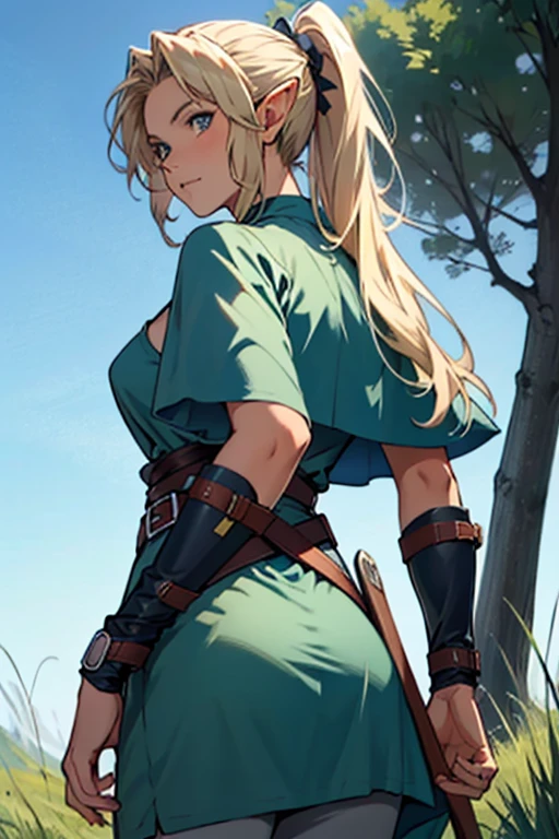 (masterpiece), sexy, sensual, best quality, expressive eyes, perfect face, highres, (female body:1.3),1 girl, solo, ootLink girl, hat, long hair, blonde hair, (green tunic), belt, fingerless gloves, boots, field, grass, trees, landscape, depth of field, smiling, standing, upper body portrait, looking at the viewer, from frontal,  Skimpy