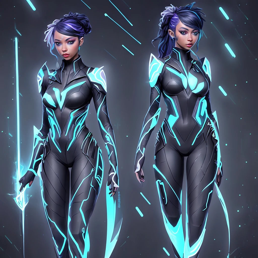 Orion and Lyra, clad in futuristic attire, embody the balance of light and darkness. Orion, with jet-black hair streaked with electric blue, exudes confidence in his neon-lined bodysuit. Beside him stands Lyra, her silver hair shimmering like liquid starlight, adorned in a jumpsuit adorned with twinkling constellations. White background, game character design.