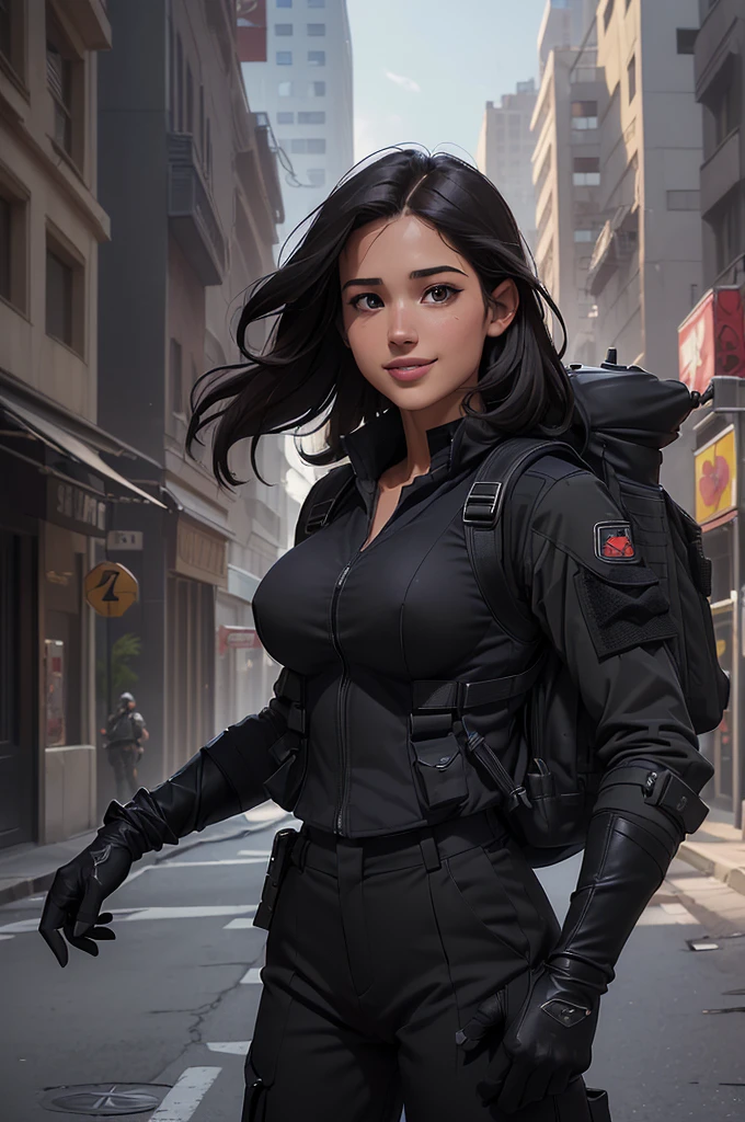 ((tmasterpiece、ultra fine photos、top-quality、超A high resolution、Photorealsitic、sharp focus、(chest circumference、Focus from the chest upwards、Kelsey Asbille, beautiful woman, skinny, large big breasts, black long hair, detailed face, facing the camera, smile, photo taken from a distance, age of 25 years old)、Special forces uniforms、Black tactical vest、Military trousers、Black combat gloves、rucksack、Black military undershirt、Detailed facial and chest depictions、detailed hand depiction、Combat pose、Dynamic action、in the city