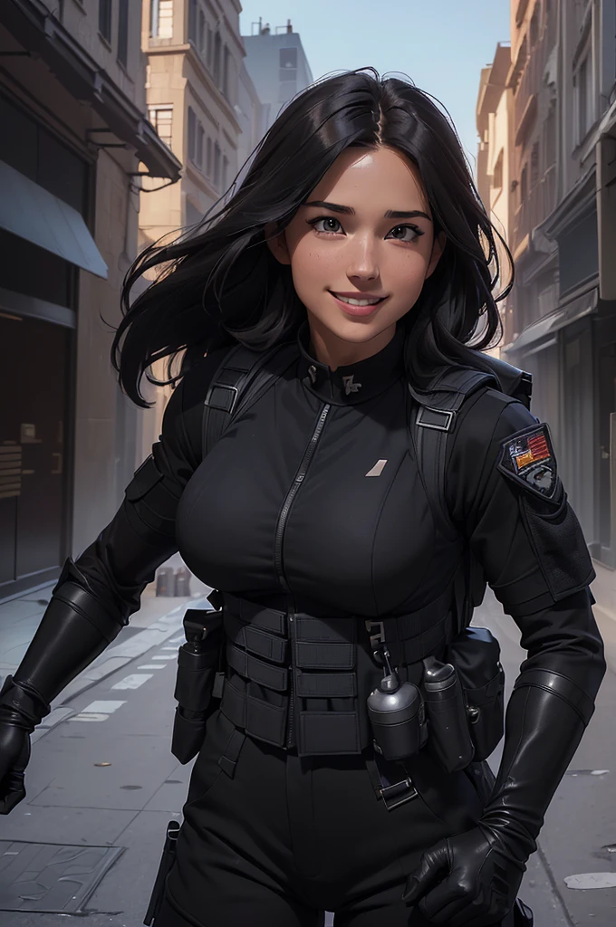((tmasterpiece、ultra fine photos、top-quality、超A high resolution、Photorealsitic、sharp focus、(chest circumference、Focus from the chest upwards、Kelsey Asbille, beautiful woman, skinny, large big breasts, black long hair, detailed face, facing the camera, smile, photo taken from a distance, age of 25 years old)、Special forces uniforms、Black tactical vest、Military trousers、Black combat gloves、rucksack、Black military undershirt、Detailed facial and chest depictions、detailed hand depiction、Combat pose、Dynamic action、in the city