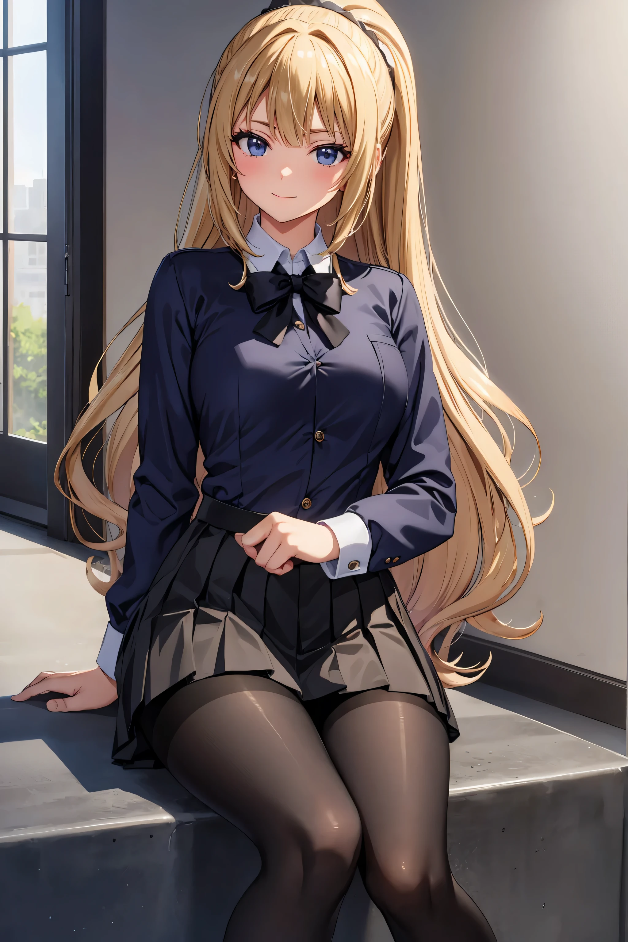 (masterpiece), (best quality), (illustration), (beautiful detailed), (highres), black pantyhose,pleated skirt,black pantyhose, black pantyhose pleated skirt, white shirt, black pantyhose looking at viewer,sitting,(school uniform),blush,shy,indoors, window,blonde hair, black pantyhose ponytail,((black pantyhose)) smile