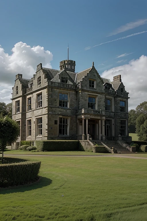 Create an exterior image of Baskerville Hall as introduced in The Hound of The Baskervilles