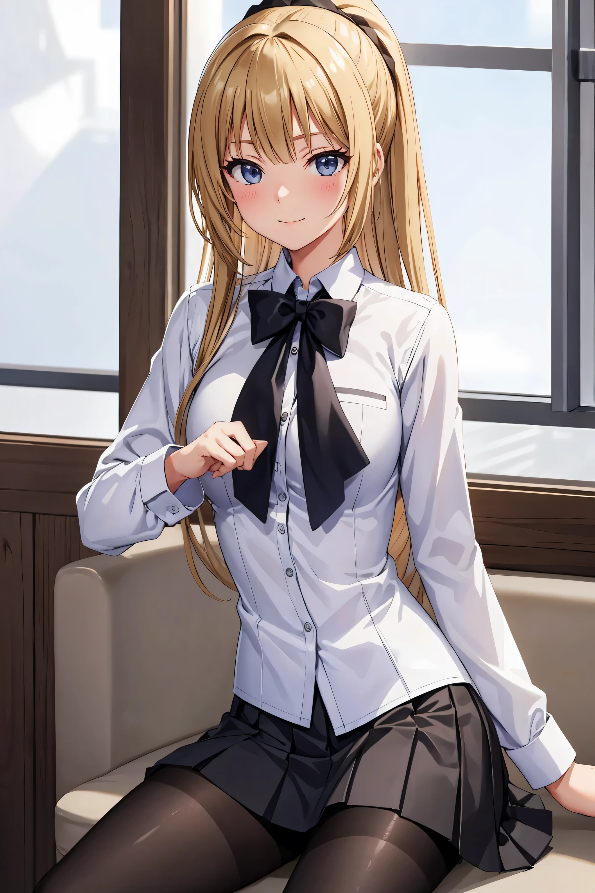 (masterpiece), (best quality), (illustration), (beautiful detailed), (highres), black pantyhose,pleated skirt,black pantyhose, black pantyhose pleated skirt, white shirt, black pantyhose looking at viewer,sitting,(school uniform),blush,shy,indoors, window,blonde hair, black pantyhose ponytail,((black pantyhose)) smile