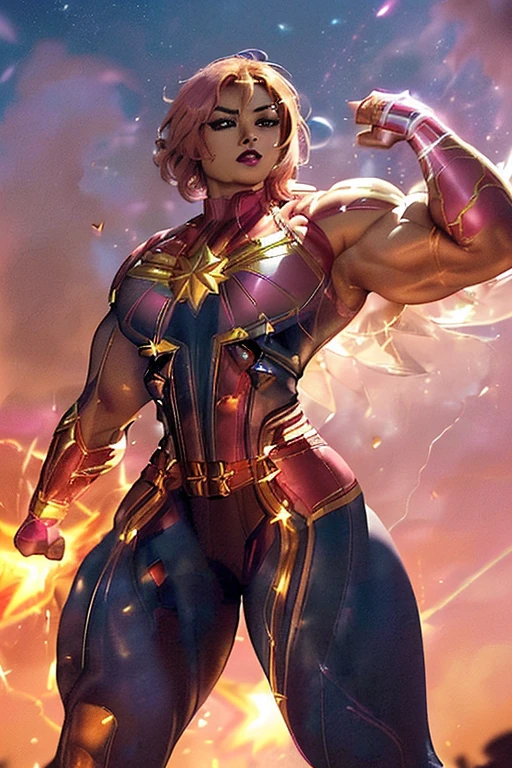 ((((Massive, beautiful, buff, light brown skinned muscular woman with shocking pink hair, black lipstick, ginormous bulky muscles, flying and wearing a shocking pink captain marvel costume with pants)))), close view, (massive muscle), (massive biceps), (angled bob cut), red eyes, hero gloves, spiked gauntlets, hero boots, in the void of space, confident smile,