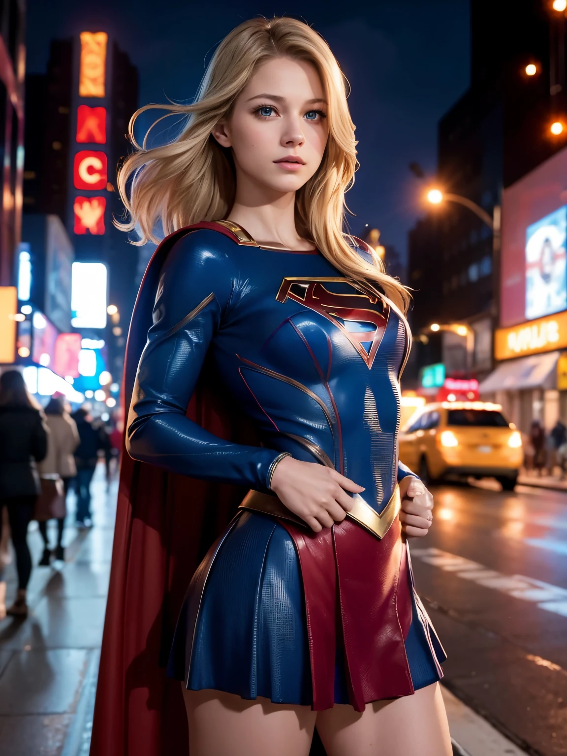 Ultra HD, Surreal, masterpiece, Melissa Benoist, Wearing Supergirl costume, Blonde, On the streets of New York, blue eyes, Perfect body, night, Thin, ??????, Intense lighting