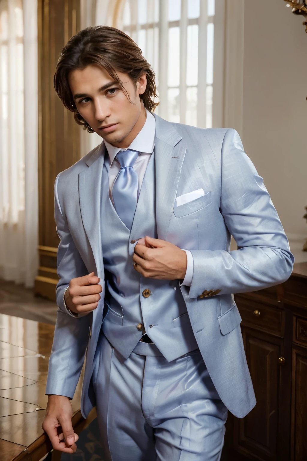 (Best quality, Ultra-detailed, Golden ratio, Masterpiece:1.3), Dramatic wedding scene, 25-year-old groom, impeccably dressed in a navy blue suit and pants, pristine white dress shirt, shiny silver necktie, elegant lavender flower lapel, and a coordinating lavender pocket square, (High definition, crisp and clear: 1.5), (Perfectly tailored: 1.2), (Photorealistic: 1.4), Close-up shot, Groom's intense gaze, gaze filled with love and emotion, focused on his bride, couple's hands entwined, loving touch,