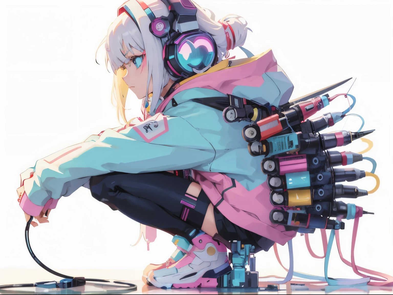 Anime girl sitting on the floor and wearing headphones and shoes, Digital Cyberpunk - Anime Art, digital Cyberpunk anime art, Anime Style 4k, Cyberpunk Anime Girl, cyber style, Anime atmosphere, Cyberpunk Anime Girl in hoodie, Cyberpunk anime art, Anime Cyberpunk Art, Glitch Punk Girl, A mix of anime robots and organic matter, Aesthetics of Anime Mecha, Cyberpunk art style