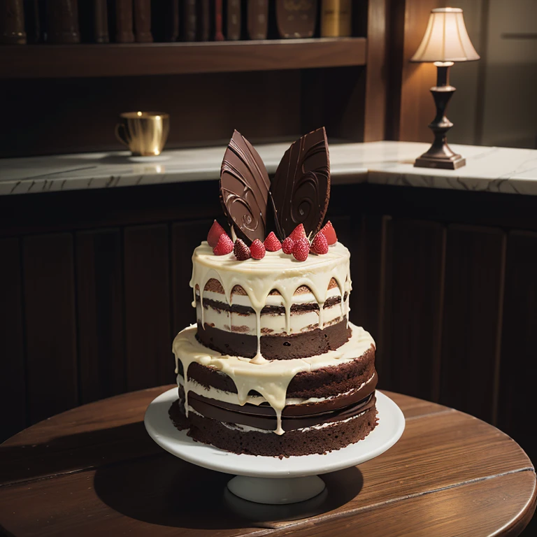 Masterpiece of a 3-layer chocolate cake, meticulously crafted with the best quality ingredients, each layer generously coated with rich, velvety chocolate ganache and smooth, luscious frosting. The surface, adorned with intricate piping details and chocolate shavings, shines under the soft light, revealing the true beauty and realism of every texture and curve. The cake's enticing aroma wafts through the air, evoking a sense of indulgence and delight.