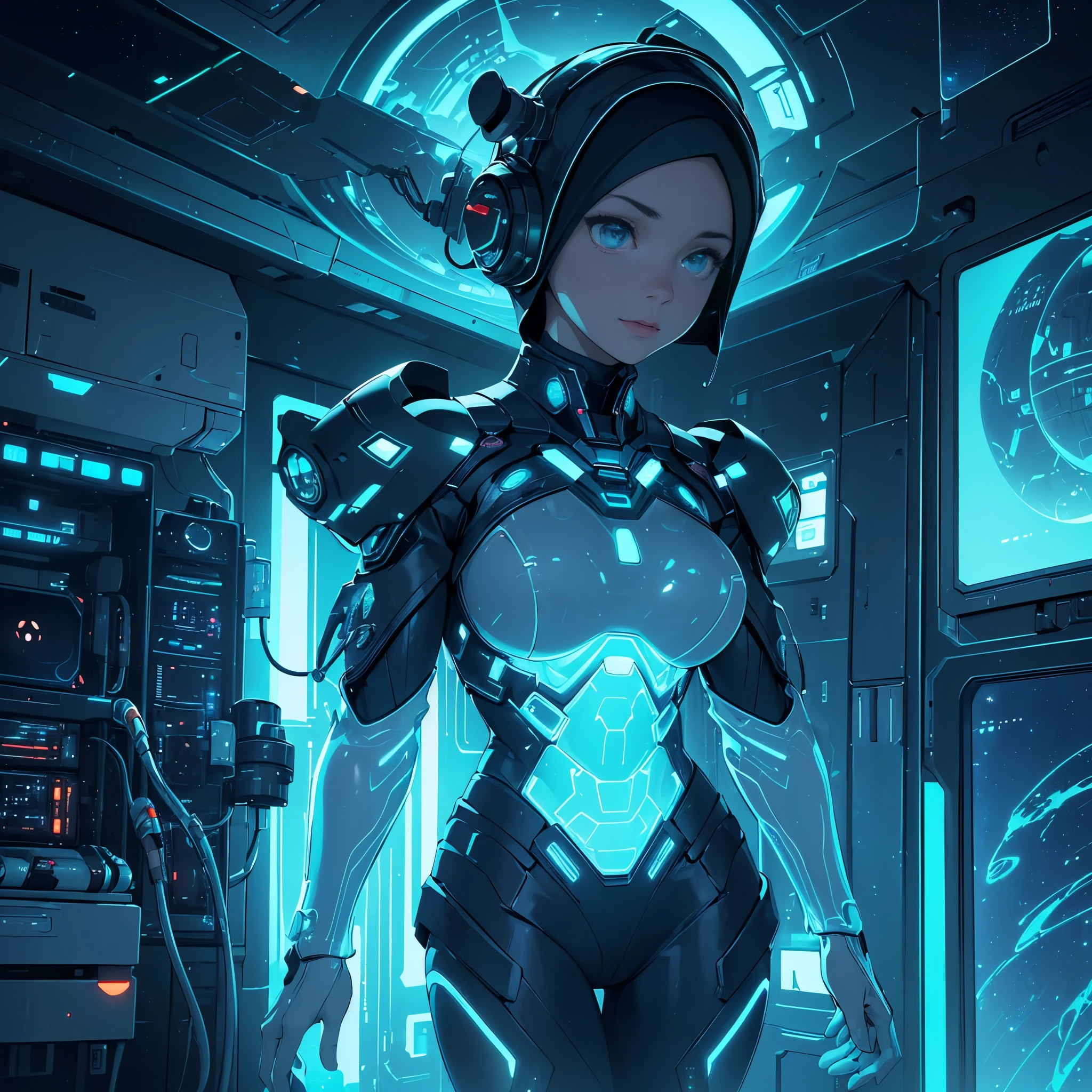 (best quality,highres,masterpiece:1.2),ultra-detailed,(realistic,photorealistic,photo-realistic:1.37),busty Malaysian woman,athletic,hijab no hair showing,(30-year-old,30yo),(dressed appropriate to the scene)(she is suspended in a vat of semi transparent blue liquid contained in a transparent tube, she knows she is being watched and is not shy, seductive invitation, inhibition cast aside), (medical equipment reports on her health on nearby displays)(scifi instruments,advanced equipment),(dimly lit space ship,lowlight environment),(high-tech control room,advanced control station),(futuristic displays,holographic screens),(star map,holographic star chart),(spaceship interior,intergalactic interior),(technological details,complex mechanisms),(glowing buttons,illuminated switches),(sleek spaceship design,aerodynamic vessel),(spaceship exterior,surrounded by stars),(deep space exploration,journey through the cosmos),(vast universe,limitless galaxies),(astral travel,interstellar adventure),(heavenly bodies,celestial objects),(otherworldly atmosphere,cosmic ambiance),(mysterious energy,powerful forcefield),(dynamic camera angle,compelling perspective),(captivating sci-fi scene,dystopian future),(rich colors,striking palette),(soft lighting,subtle shadows),(faint glow,ethereal aura),(cinematic composition,dramatic framing)