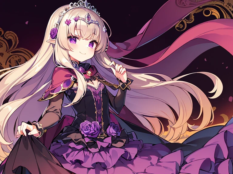 (kawaii),(best quality),(ultra detailed), upper body,(rococo style),(long train dark violet cape:1.15), very long cape,(long train dark violet ball gown with flower decorations), a girl is wearing a cape over her gown, 1 little princess, tiara, smile, small breasts, very long hair