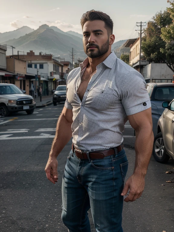 obra maestra, Mejor calidad, high resolution, Retrato de primer plano, (1 chico:1.4) A man in a lumberjack suit (cuadros blancos y negros), muscular, (con camisa: 1.2) enfoque masculino, enfocarse solo, piel bronceada, 38-year old man, muscular, fuerte, peludo, Masculino, (descamisado: 1.2), in the background a mountain of garbage, in a city with a lot of traffic and pollution, amazing composition, Vista frontal, HDR, volumetric lighting, (plano general, desde el frente:1.2) (GS-Macho :1.5) (magnificent landscape:1.2) full body jeans backside