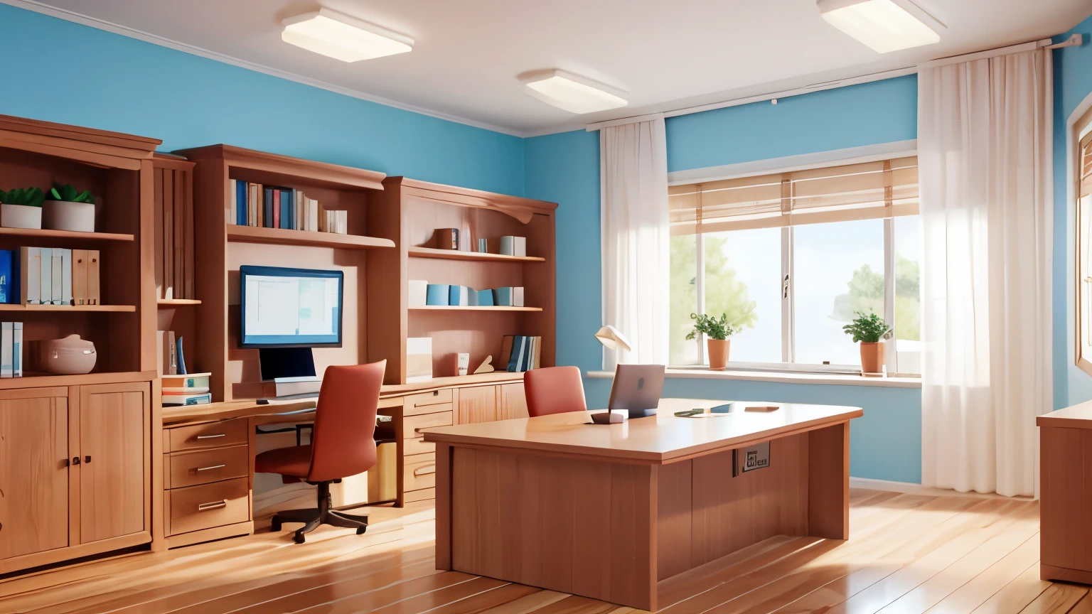 Clean and bright office, Modern desk with bookshelf and computer
