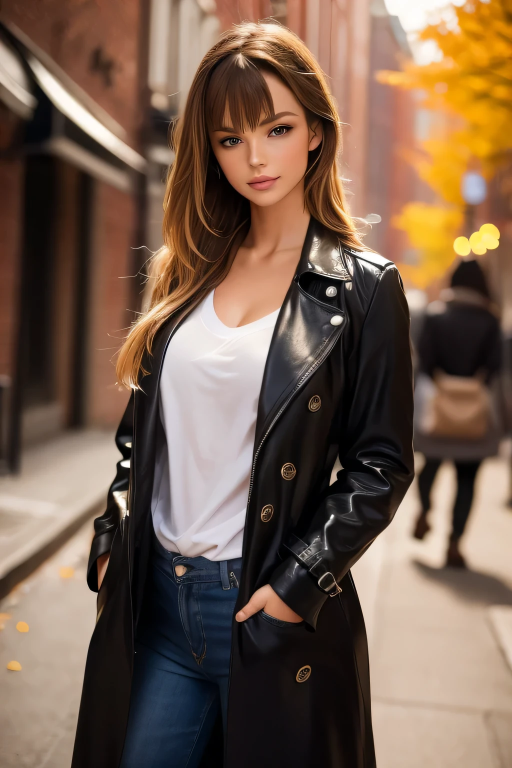 An ultra hot gorgeous European russian woman, age 28, blonde brown hair, fringe bangs. she's a playmate, men magazine model. She has a subtle smile, without showing teeth, flirts with the camera.
In a business district, during autumn.
Sensual pose.
She is wearing a black trench coat, white shirt, blue jeans, hands in her pocket.
Perfect anatomy, perfect hair, perfect breast, perfect body, perfect hands, perfect face, UHD, retina, masterpiece, accurate, anatomically correct, textured skin, super detail, high details, high quality, award winning, best quality, highres, 16k, 8k,