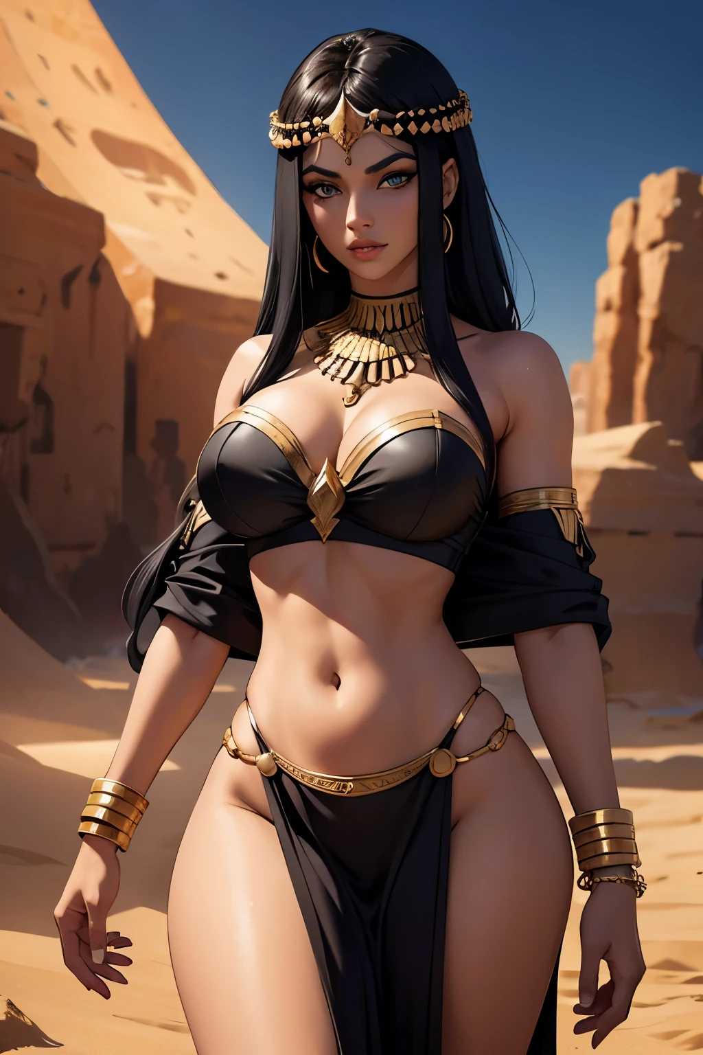 A photograph of Cleopatra with natural skin, cabelo preto curto e volumoso, olhos afiados com sombra azul, um nariz fino e arrebitado, shapely lips, um formato de corpo de ampulheta, typical clothes, e maquiagem, intrincadamente maximalista detalhado, vibrante, epic, suave, cinematic, 4K, retroiluminado, fundo do deserto de fantasia, e uma profundidade de campo rasa.