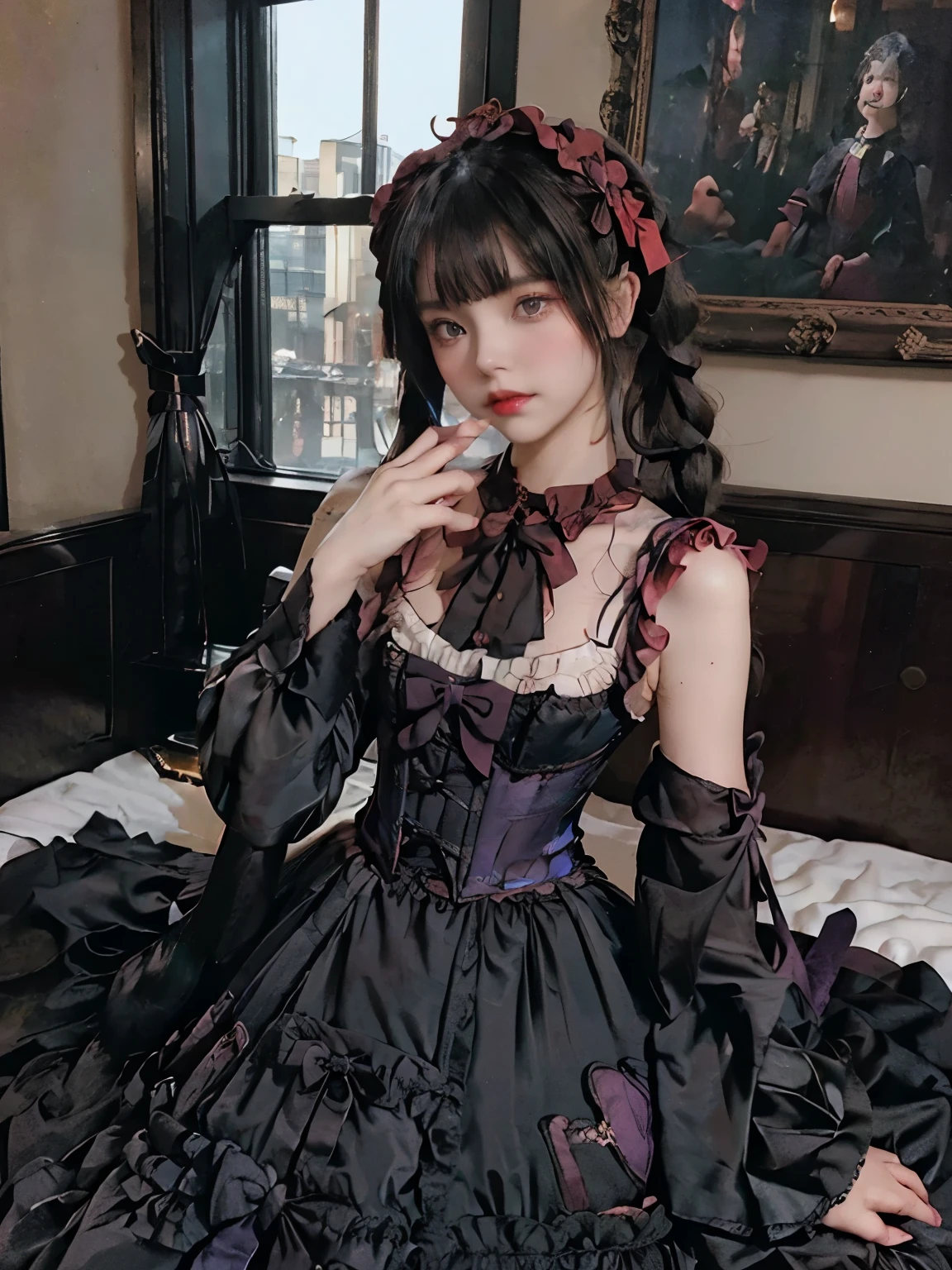 raw photo, 8k, (top-quality), Realistic, (real picture, Intricate details), (natural skin texture, detailed skin, hyper realism, sharpness), ((corset dress with black and purple, gothic decorative corset, big black ribbon)), pale skin:1.3, (Japanese girl standing in luxury hotel at night, Suite Room), ((light blonde twintail hairstyle, blunt bangs)), (provocative look, Parted lips:1.3, eye shadow, eyeliner, eye bag:1.3, red thick lips, under eye circle), night time, big window, Snowy scenery outside the big window