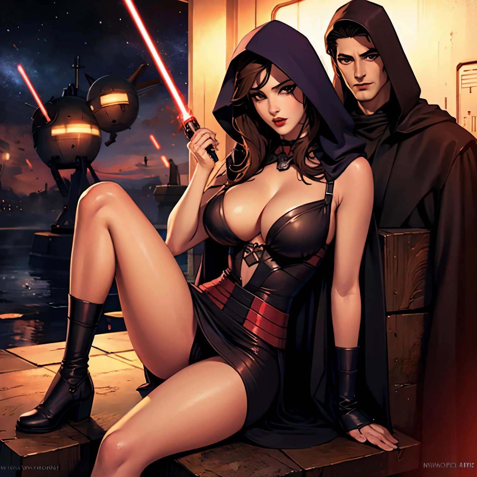 La mujer, sith, ropa corta, poca ropa,ropa stockings, medias, star wars, death star, muy detallado, Realistic long-term photography., 4k, pelo largo, brown hair, By the chestnut, labios rojos, hood, capucha, sexy,red lips, brown eyes, big breasts, pechos grandes, breasts, red light saber, sthoutfit