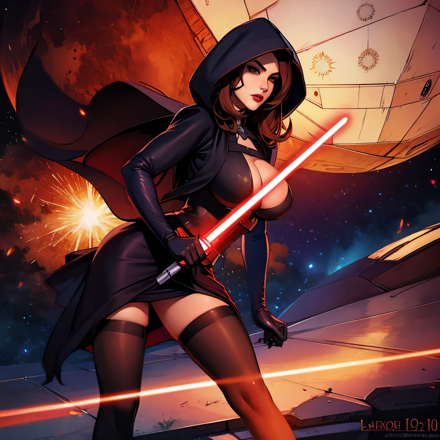 La mujer, sith, ropa corta, poca ropa,ropa, stockings, medias, star wars, death star, muy detallado, Realistic long-term photography., 4k, pelo largo, brown hair, By the chestnut, labios rojos, hood, capucha, sexy,red lips, brown eyes, big breasts, pechos grandes, breasts, light saber, red light saber, sthoutfit