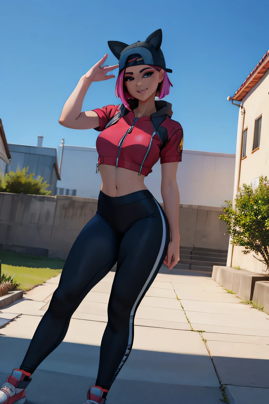 1 chica, (obra maestra), (Mejor calidad), de pie, (solo), mirando al espectador, alto detallado,Extremadamente detallado, Ojos finos, sonrisa,dynamic pose, pelo corto rosa,gorra,top corto, chaqueta,guante sin dedos,con curvas,bosque,anteojos, leggins azul y negro 
