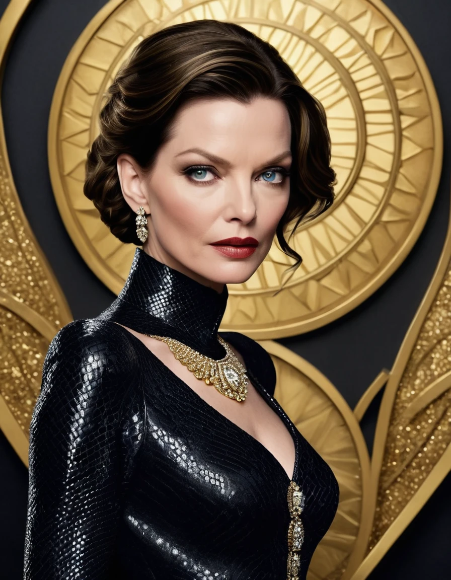 24 yo 1woman, [Anne Hathaway:Michelle Pfeiffer:0.52] as Selina Kyle, exudes beauty with her radiant, smooth skin. Her strong, serious demeanor and confident stance convey an air of convincing allure. insanely detailed Lavish Elegant and Luxurious Jewelry background. This captivating portrait is rendered in 4k high-resolution, ensuring every detail is displayed in the best quality. The illustration showcases Selina's determined expression, captivating the viewer's attention with its intricately detailed features.