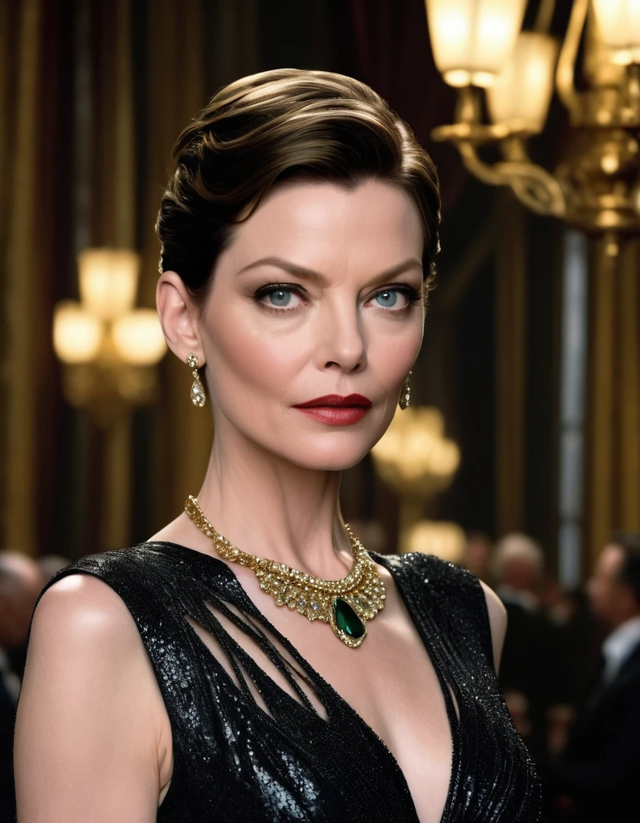 24 yo 1woman, [Anne Hathaway:Michelle Pfeiffer:0.52] as Selina Kyle, exudes beauty with her radiant, smooth skin. Her strong, serious demeanor and confident stance convey an air of convincing allure. insanely detailed Lavish Elegant and Luxurious Jewelry background. This captivating portrait is rendered in 4k high-resolution, ensuring every detail is displayed in the best quality. The illustration showcases Selina's determined expression, captivating the viewer's attention with its intricately detailed features.