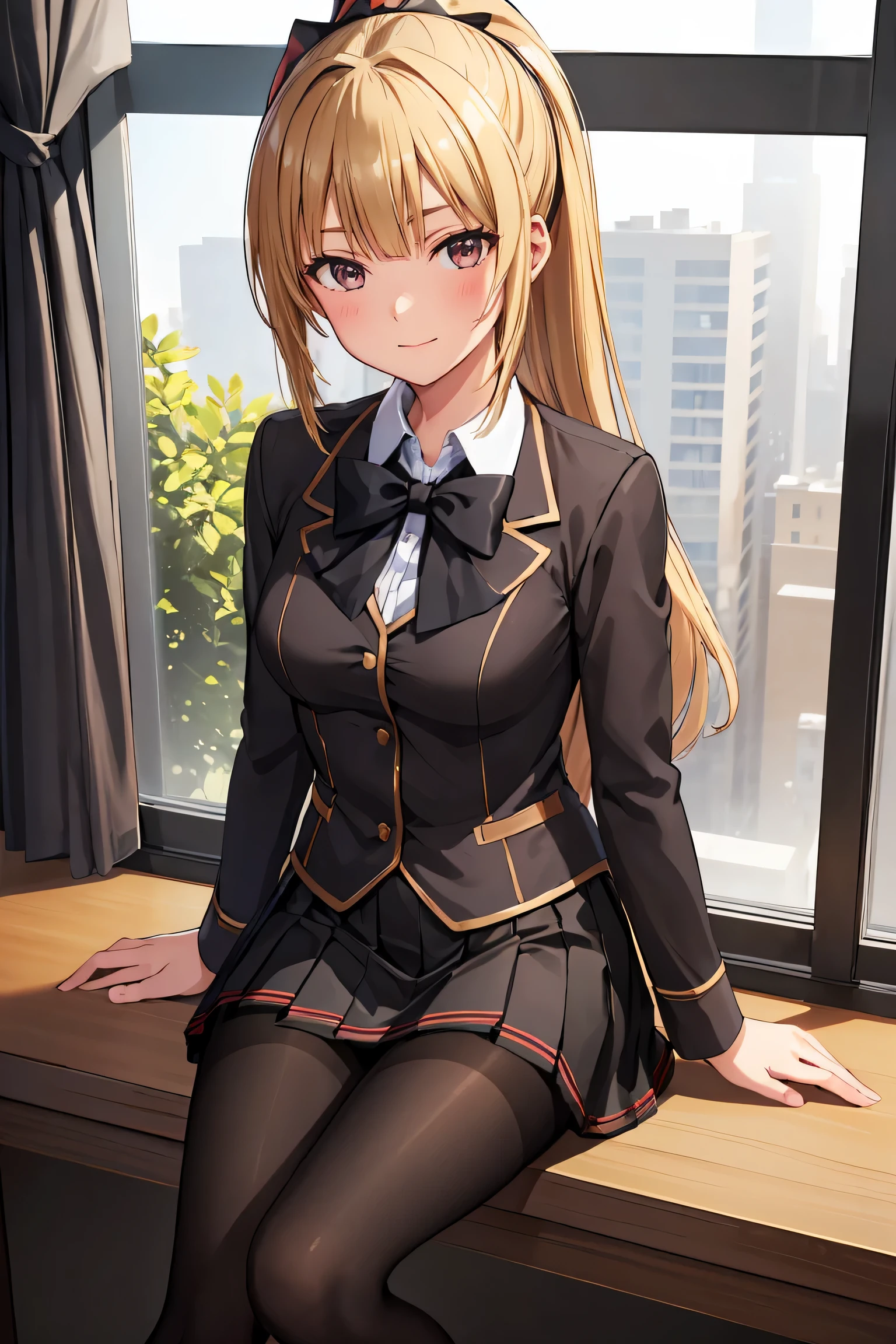 (masterpiece), (best quality), (illustration), (beautiful detailed), (highres), black pantyhose,pleated skirt,black pantyhose, black pantyhose pleated skirt, red jacket, black pantyhose looking at viewer,sitting,(school uniform),blush,shy,indoors, window,blonde hair, black pantyhose ponytail,((black pantyhose)) smile