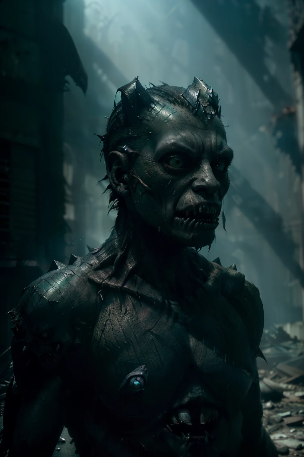 (Best quality, Ultra detailed: 1.2), Cinematic, haunting image, (Scary creature: 1.5), with an intimidating head, stands menacingly in front of an abandoned building, (Run-down, derelict: 1.3), (Voluminous shadows: 1.4), (Deep, contrasting lighting: 1.2), (Detailed textures: 1.3), (Sharp focus on the creature's head: 1.5), (Furious expression: 1.4), (Glowing, iridescent eyes: 1.3), (Long, sharp teeth: 1.4), (Ripping