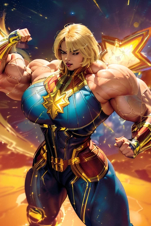 ((((Massive, beautiful, buff, light brown skinned muscular woman with yellow hair, black lipstick, ginormous bulky muscles, flying and wearing a yellow captain marvel costume with pants)))), close view, (massive muscle), (massive biceps), (flowing long hair), gray eyes, hero gloves, spiked gauntlets, hero boots, in the void of space, determined,