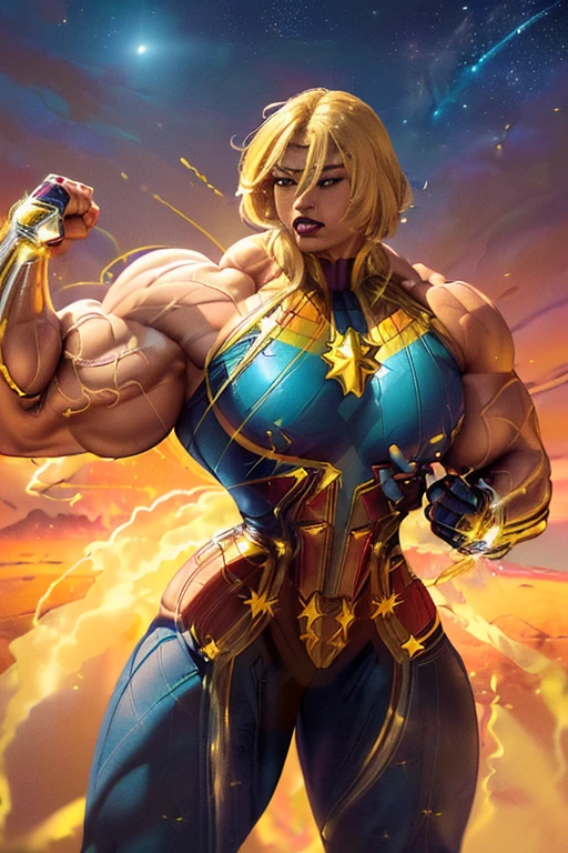 ((((Massive, beautiful, buff, light brown skinned muscular woman with yellow hair, black lipstick, ginormous bulky muscles, flying and wearing a yellow captain marvel costume with pants)))), close view, (massive muscle), (massive biceps), (flowing long hair), gray eyes, hero gloves, spiked gauntlets, hero boots, in the void of space, determined,
