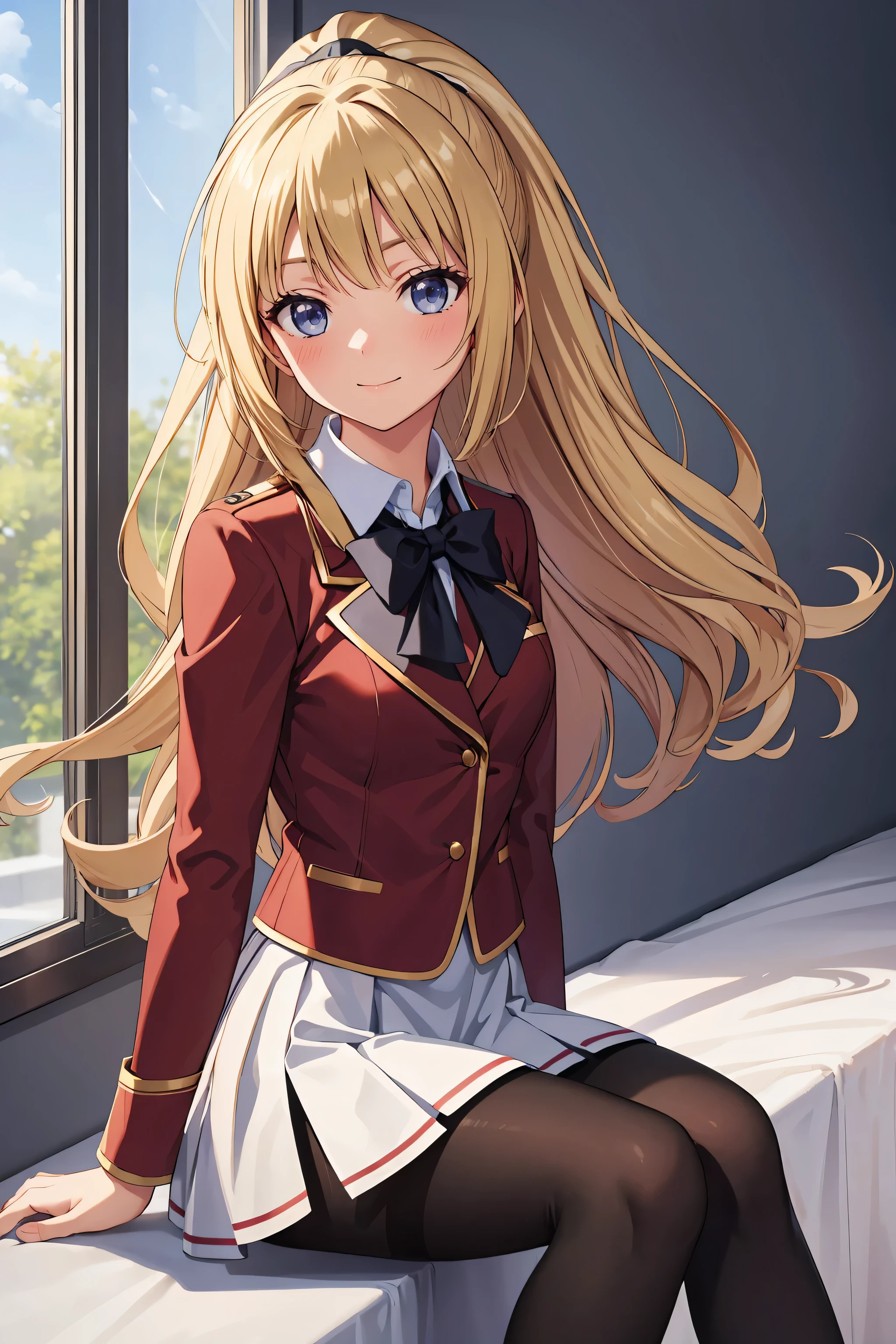 (masterpiece), (best quality), (illustration), (beautiful detailed), (highres), black pantyhose,white skirt,black pantyhose miniskirt, black pantyhose pleated skirt, red jacket, black pantyhose looking at viewer,sitting,(school uniform), white shirt,blush,shy,indoors, window,blonde hair, black pantyhose ponytail,((black pantyhose)) smile