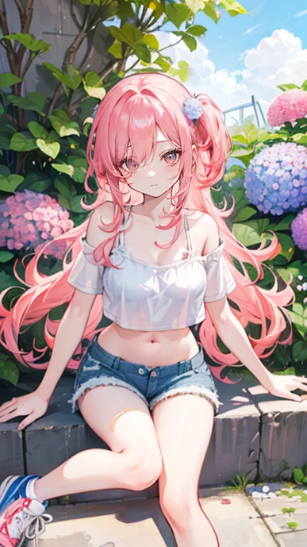 masterpiece, best quality, close-up, in summer, sun, flower field, 1girl, (Nude:1.5), long hair, pink hair, hime_cut, bangs, hair bow, cute face, aqua eyes, flower ribbon, sitting, :3,
<lora:GuihuagaoSomeSortOf_v10:1>
