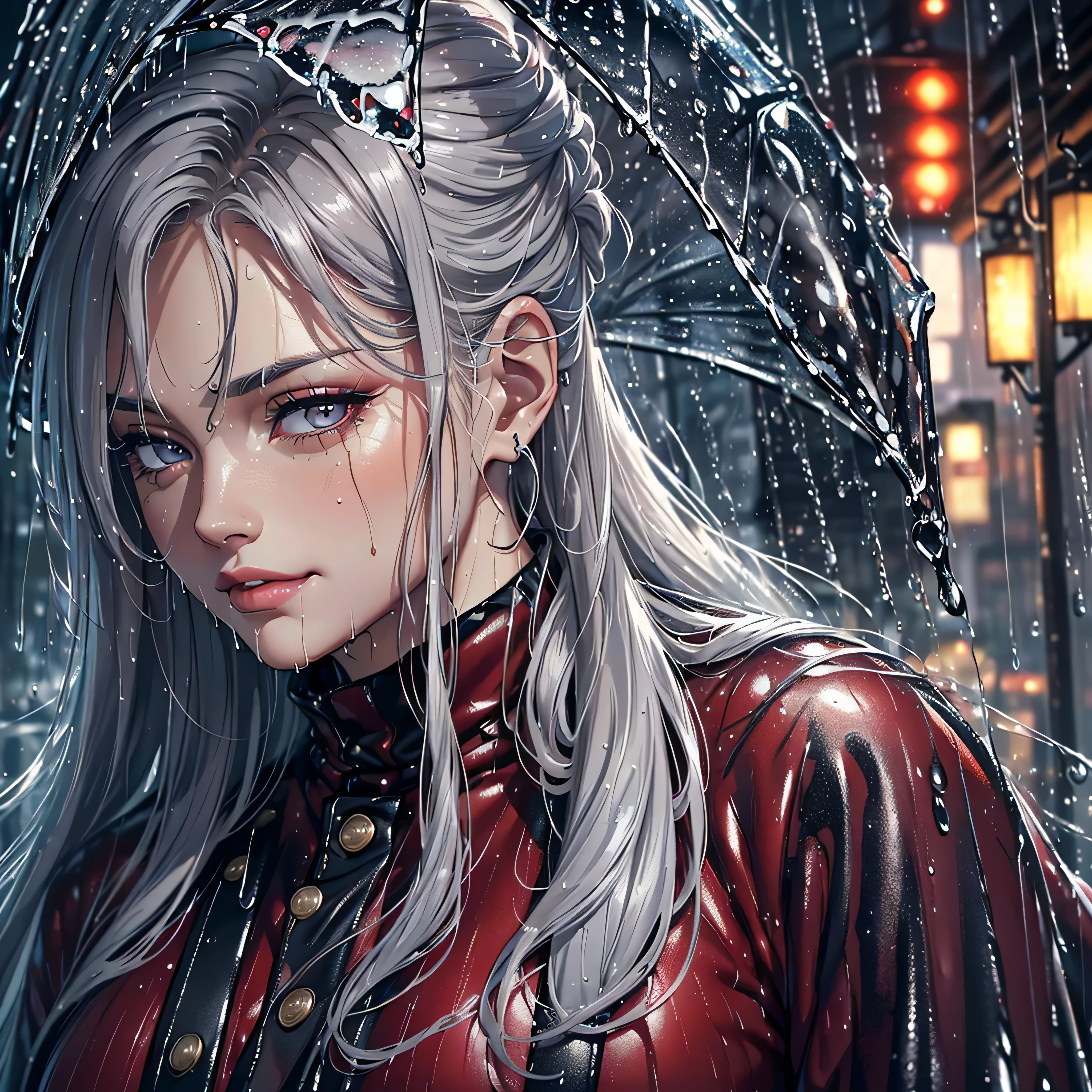 (Best quality, 4K, tmasterpiece :1.Beutiful women, 1 Sister, (, attractive body :1.2), Abs :1.1, grey hair: 1.1, (rainy wet, wet from rain, Soaked :1.2), The face very detailed, detailed lips, detailed eyes, double eyelid, red clothing. smirk.