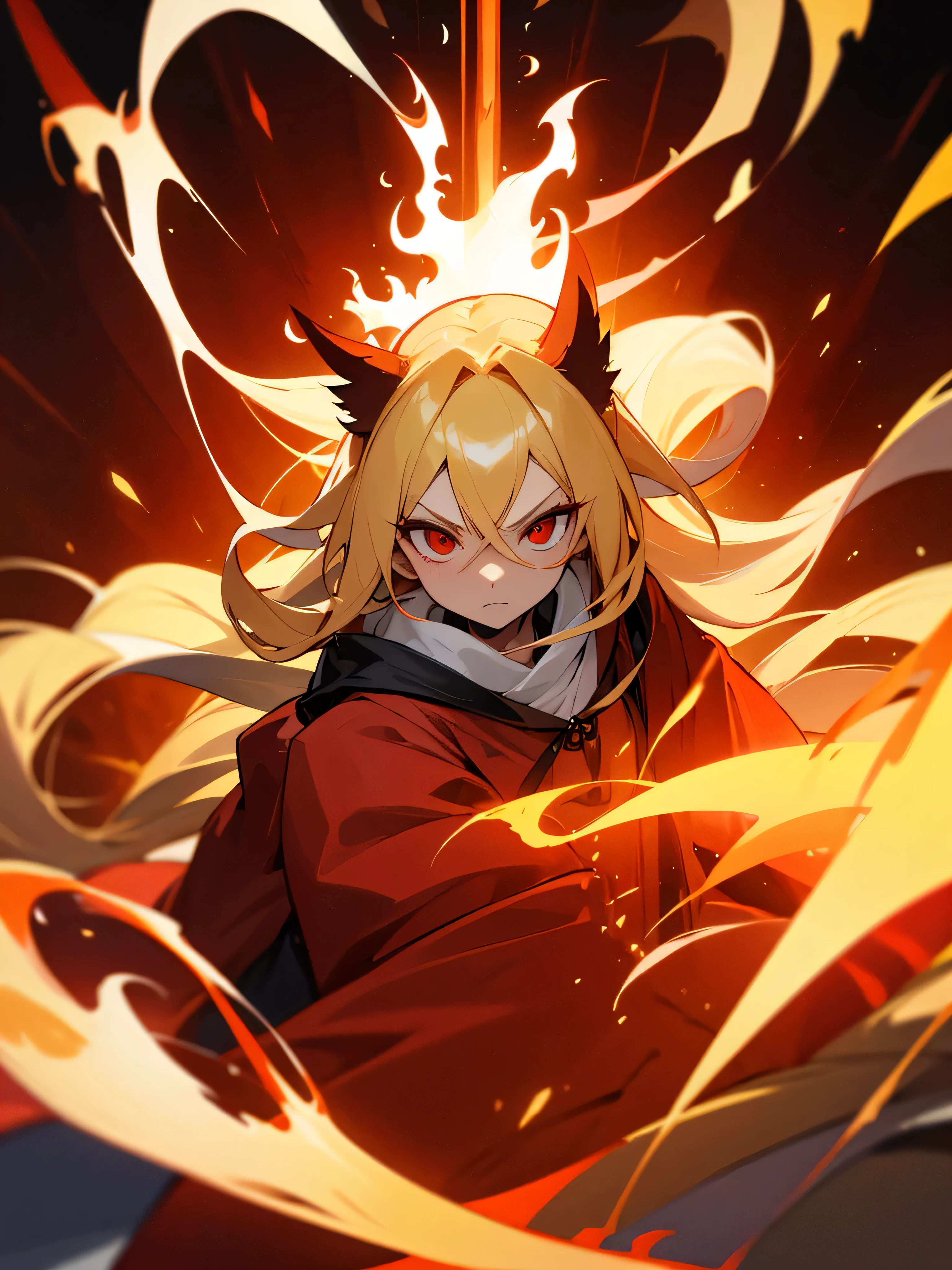 1girl, long blonde hair, red eyes, wearing blaze mage robes, fire background, flame magic, absurdres, high res, ultrasharp, 8K, masterpiece, looking at viewer, no hat, fierce