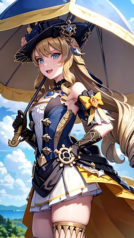 barco_soldado americano, mirando al espectador, sonrisa, boca abierta, Falda, muslos, guantes, tiene, Dress, holDing, bare shoulDers, stanDing, :D, outDoors, DetacheD sleeves, cielo, Day, clouD, blue cielo, umbrella, correas de liga, Drill hair, brown guantes, water Drop, holDing umbrella, brown heaDwear, Rainbow