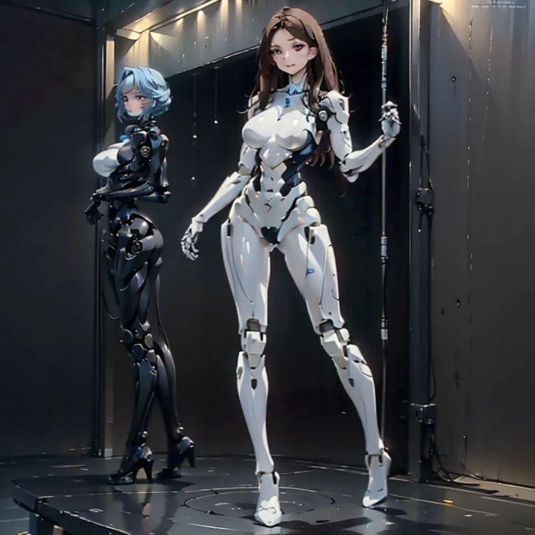 Multiple robot women, They all have perfect human female faces.., Everything except the face is a machine.., Not everyone is dressed, brown hair, Wavy Hair, Hazel Eyes, Very detailed, smile, Everything except the face is a machine.., They all have mechanical limbs., There's not enough clothing for everyone, All exposed internal skeleton, Everyone has a different colored endoskeleton., full body shot, clone, Millions of Robot Girls, Crowded, Robot girls are marching in the background., Everyone is showing each other their bodies, Embarrassing