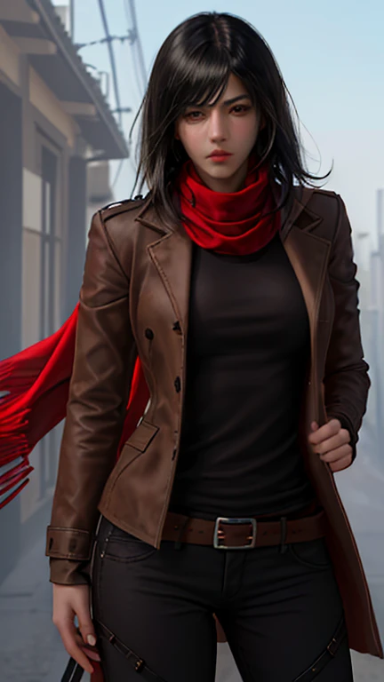 HMMIKASA, CABELLO CORTO, OJOS NEGROS, BUFANDA, EMBLEMA, belt, CORREA PARA EL MUSLO, RED SCARF, PANTALONES BLANCOS, Brown jacket, MANGAS LARGAS, Desnuda