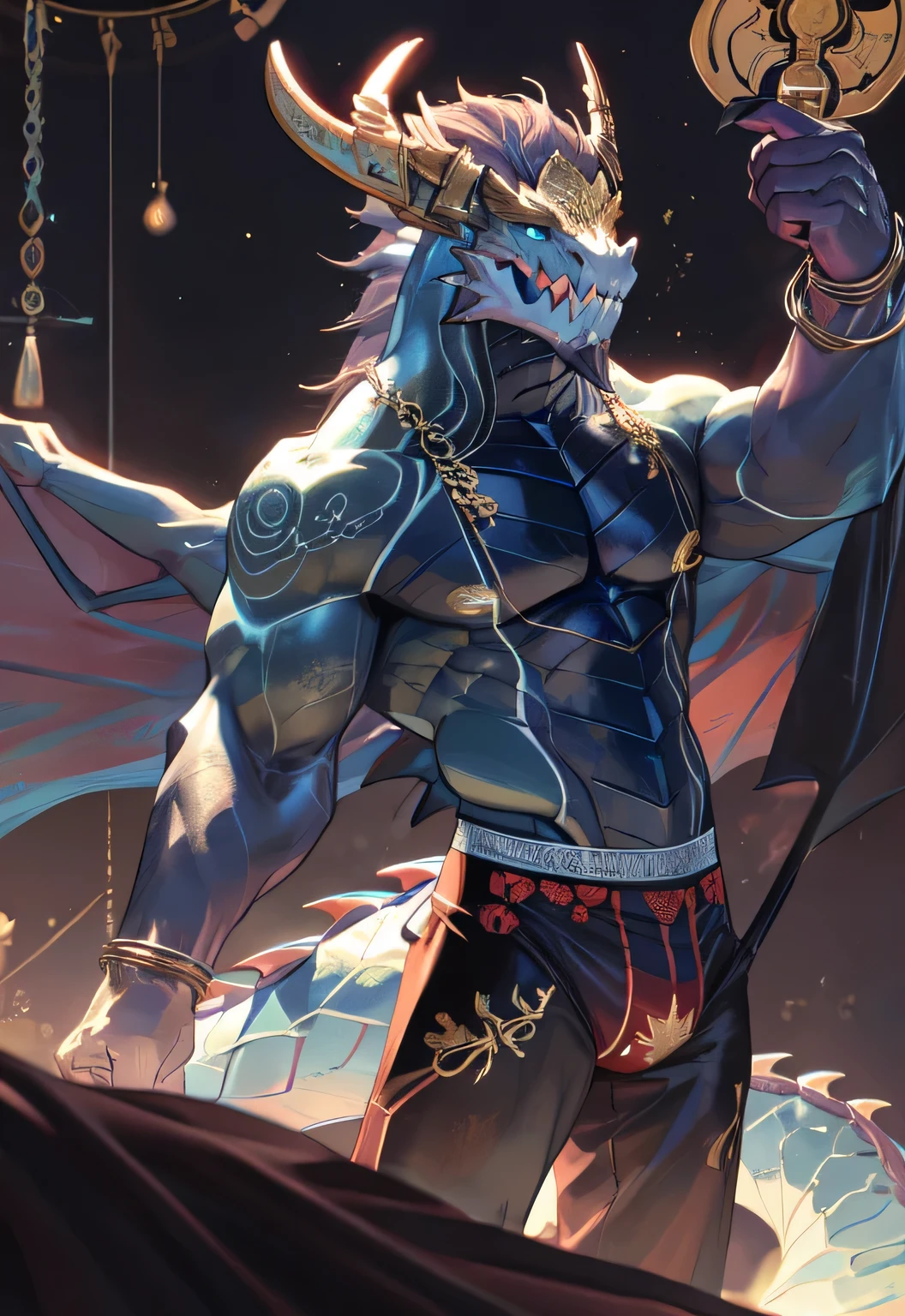 An anthropomorphic male dragon, His body is adorned with luxurious and gorgeous lace lingerie, Highlight his muscular body and sharp claws. The underwear tightly wrapped around his body, Showing the outline of his chest, abdomen, and weapons. His wings, Stretch and elegant, Delicate lace pattern glitters in the light、dance to tune. Dragon's Tail, Long-lasting and powerful, In sharp contrast to the gorgeous clothing. He has a gold nipple ring,Connected with a delicate chain, Drawing attention to his protruding chest,Emphasize his charming masculinity. The dragon's eyes are eye-catching, Full of confidence and, Highlight underwear and decorative embellishments. The background of this photo is a luxurious bedroom, With luxurious furniture and soft, Create an atmosphere of indulgence and sensuality.