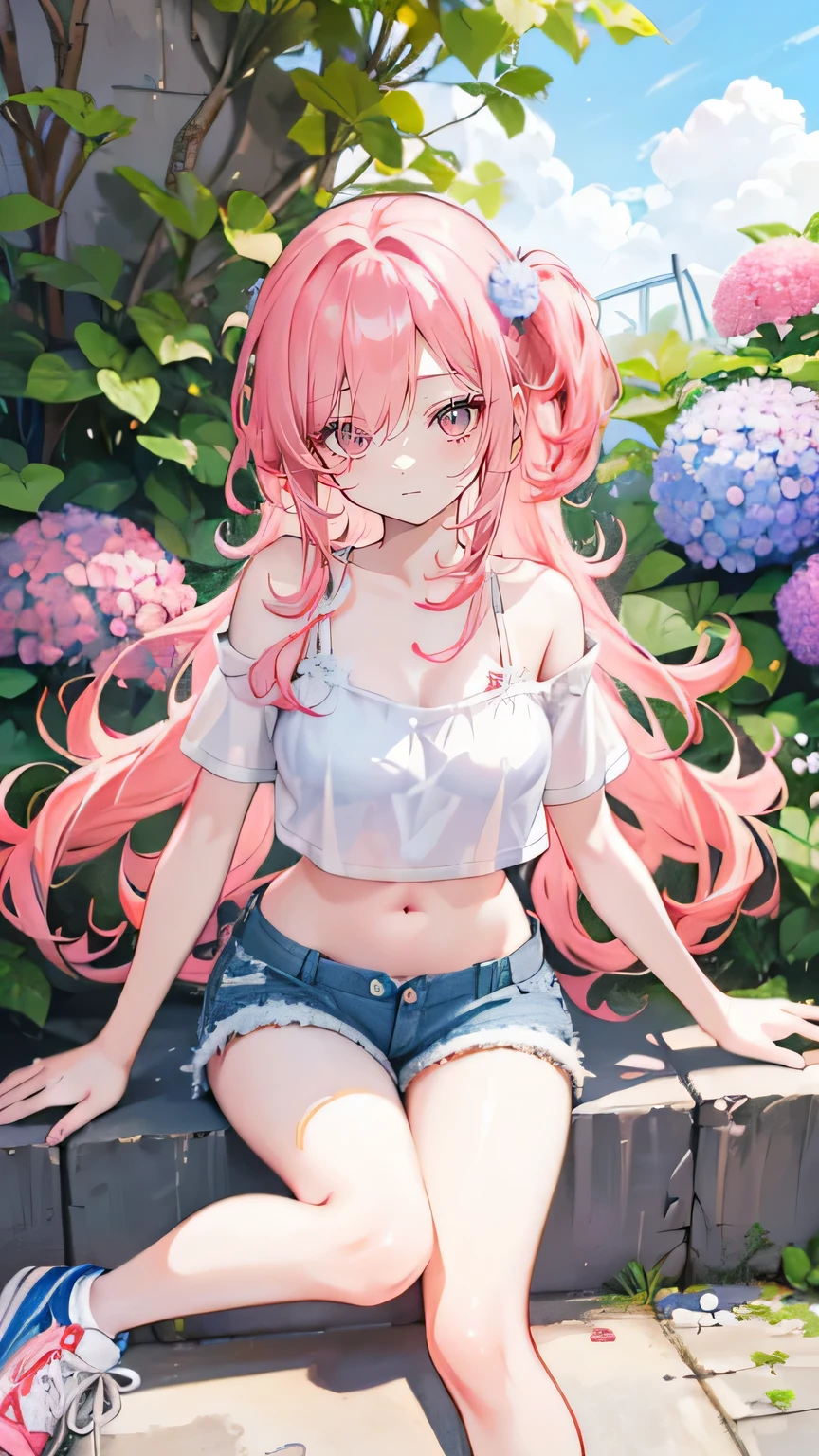 Coral pink hair,Long hair,hair over one eye,Gray eyes,feather hair ornament,cute,Girl,laughing expression,Short sleeves with exposed shoulders,Denim shorts,Navel,Wearing sneakers,Sitting on the ground,whole body,Don't show your arms,Background is hydrangea,Lots of hydrangeas,many clouds