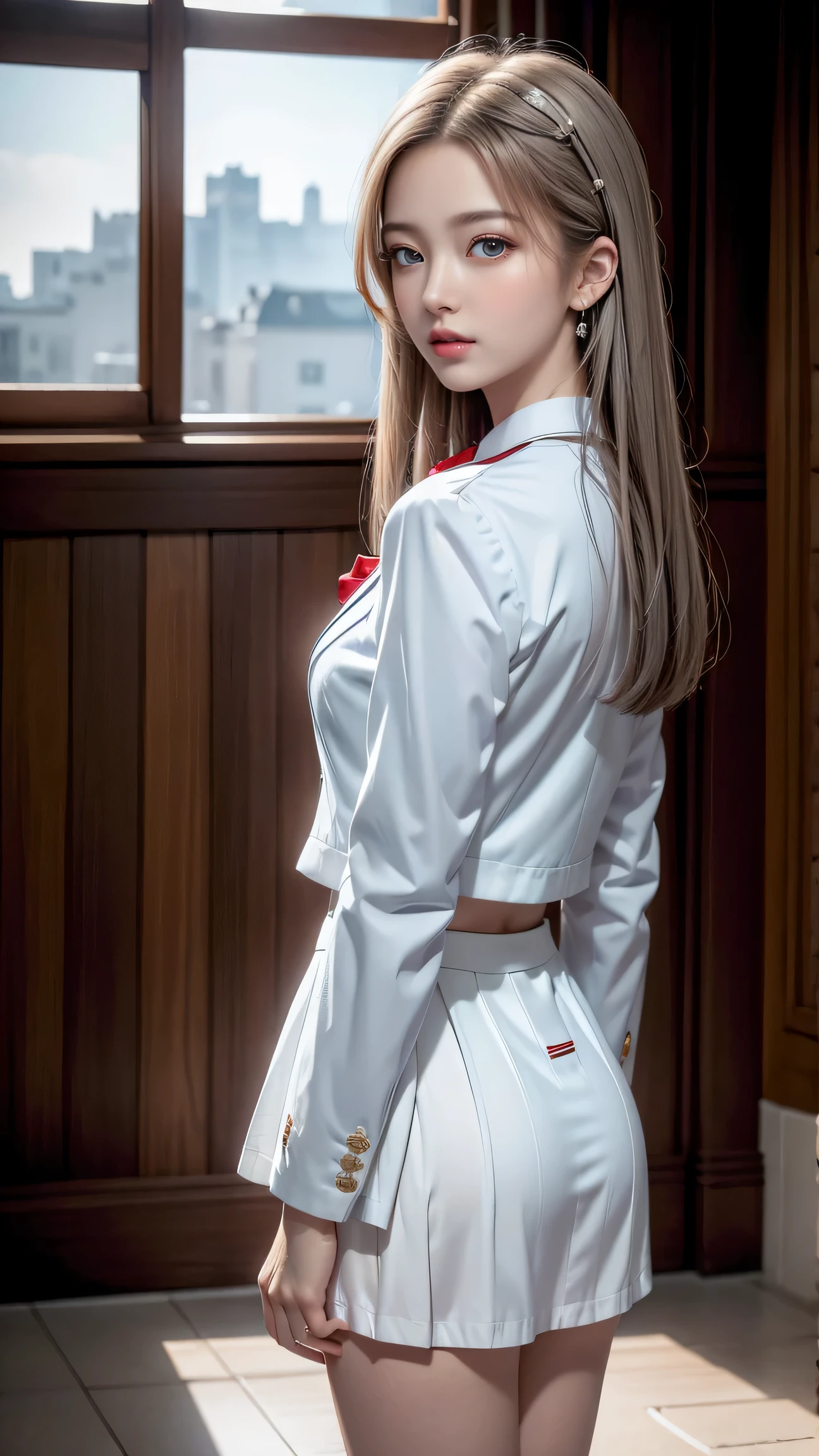 top quality work，Actual work，(Rear view)、(look back),Ultra Premium Graphics，8K HD CG works，High quality graphics，High-definition CG works，10x pixels，Extremely fine detail：1.1，Advanced Technical Details：1.1 Photorealistic，Indoor lighting effects：1.5，Natural light：1.5. Light effects（virtual Light effects：1.8），超A high resolution，shiny red dress，長いSilver Hair，Silver Hair，Transparent Hair，Hair with attention to detail（premium hair detail：1.1）Clear Eyes，Beautiful double eyelids，Sharp eye makeup, Delicate eyelash makeup, Thin eyebrows, Highly detailed eyes，High nose, Nice red lips, Rose Cheeks, A face with delicate makeup , Cute face, perfectly balanced face,（Advanced Face Detail：1.1），Shiny，wonderful dress，bright red series，(White Blazer) 、(White blouse)、(Red bow tie)、((Check skirt))、、girl 、photo shoot，woman&#39;artwork of，Full body portrait，realism，wonderful，My eyes are shining today、