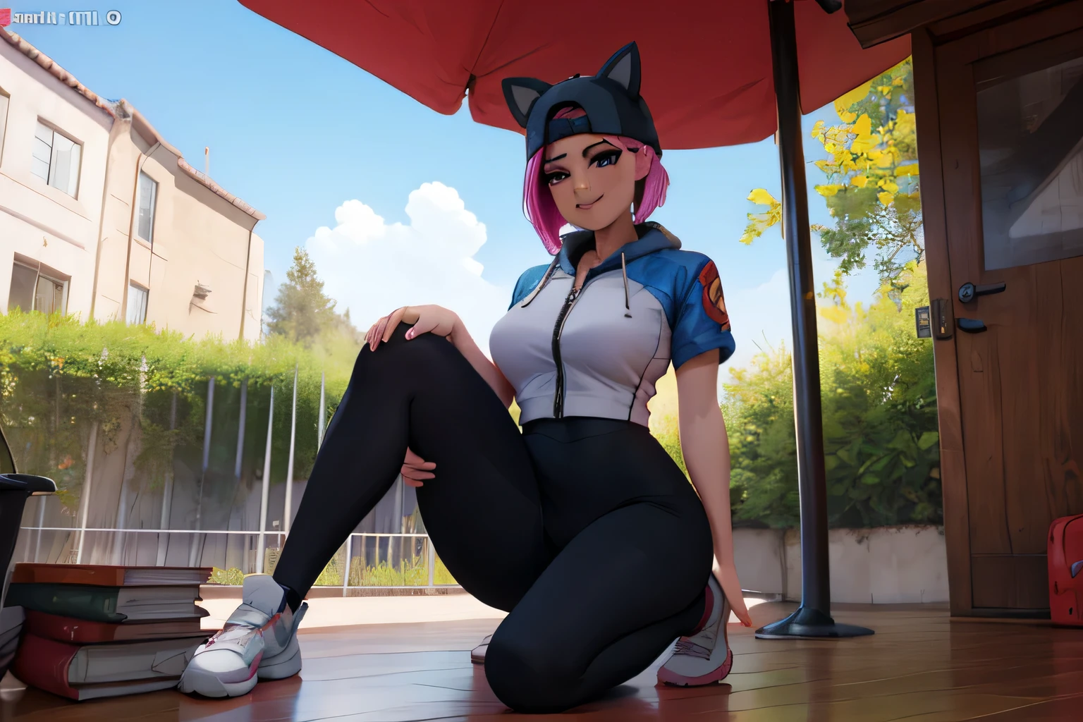 1 chica, (obra maestra), (Mejor calidad), de pie, (solo), mirando al espectador, alto detallado,Extremadamente detallado, Ojos finos, sonrisa,dynamic pose, pelo corto rosa,gorra,top corto, chaqueta,guante sin dedos,con curvas,bosque,anteojos, leggins azul y negro