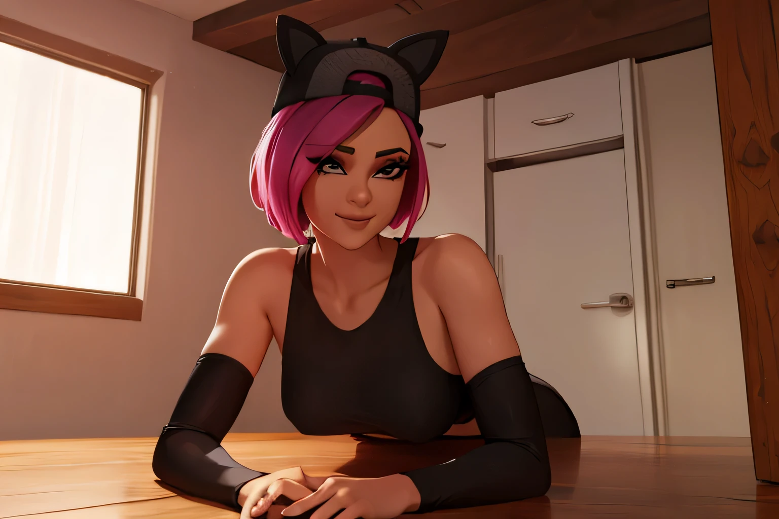1 chica, (obra maestra), (Mejor calidad), de pie, (solo), mirando al espectador, alto detallado,Extremadamente detallado, Ojos finos, sonrisa,dynamic pose, pelo corto rosa,gorra,top corto, chaqueta,guante sin dedos,con curvas,bosque,anteojos, leggins azul y negro