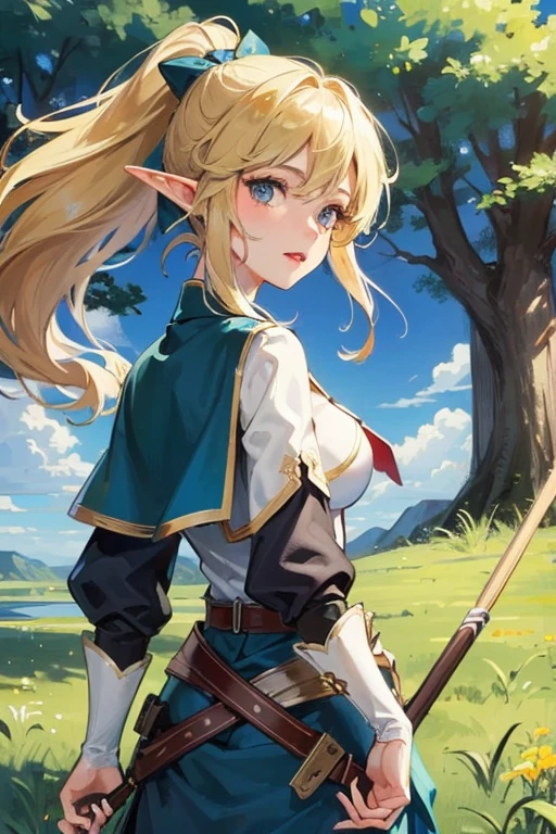 ((highest quality)), ((masterpiece)), (detailed), Perfect Face　Grown-up（Not a full adult）Female Elf　Blonde long hair ponytail　Blue Eyes　Slanted Eyes　Brown leather breastplate on the left chest　Quiver on the back　A bow in his left hand　Quiver on waist　A light green dress with navy blue knee-length pants underneath　Short dark blue cloak　Standing in the grass looking back　The ponytail bounces as she turns around　Her short cape, which doesn&#39;t even reach down to her waist, is fluttering in the wind.　The background is blue sky, deep forest and lake　Emphasis on Elf　show off breasts　anime