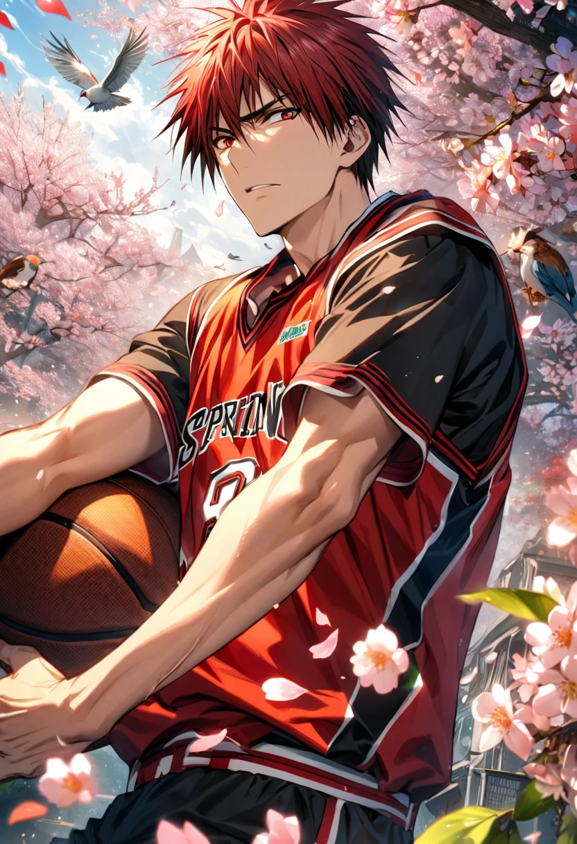 absurdres, highres, ultra detailed, HDR, masterpiece, extremely detailed face and eyes, Kagami Taiga, red short hair, expressive red eyes, Kuroko No Basket, 1man, handsome, basketball uniform, spring, blossoms, petals, birds