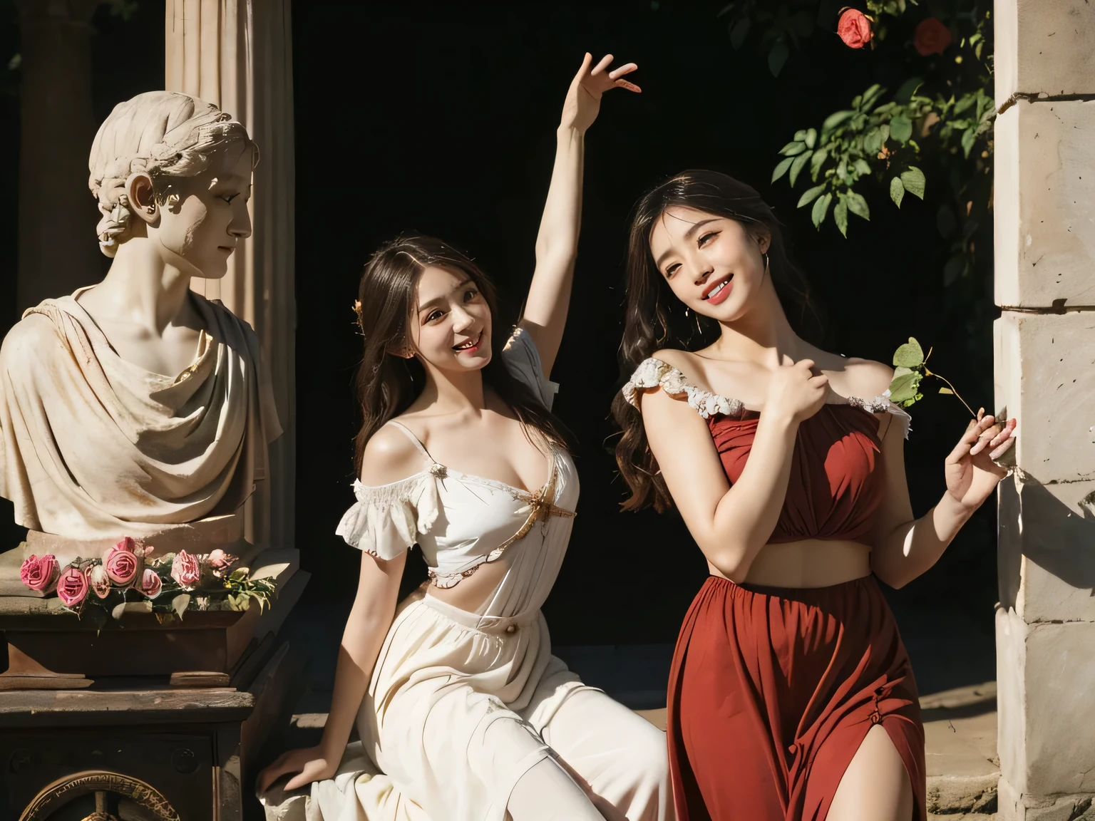 full body portrait or statue、Giorgione painting style,Arguments of two female Philosophe,math、astronomical machine、astronaut、roses in vase、fruits、Cute trinkets、smile、ancient greek costume、Ancient Roman landscape in the style of Nicolas Poussin,laughter,,Sweet and seductive appearance.、Caravaggio's paintings、Chiaroscuro of Caravaggio、hair tousled by the wind,Two women frolicking,cute smile, expression of ecstasy,Sexy,erotic