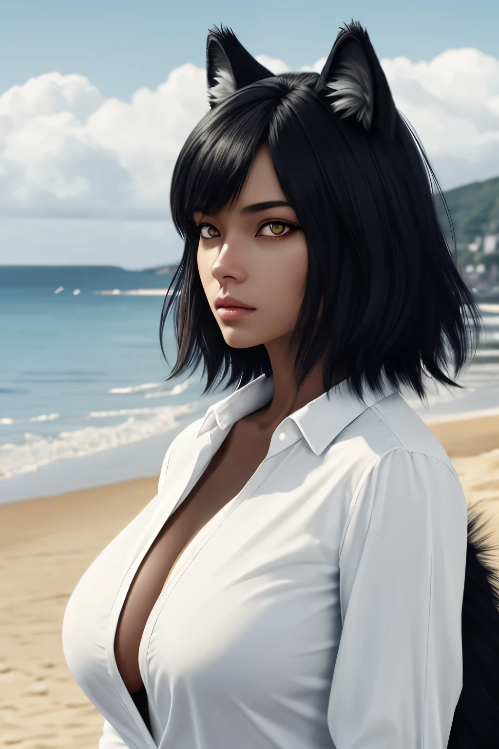 RAW Photo, realistic, 1girl, solo, furry, anthro, (detailed fluffy fur)1.3, wolf girl, short hair, black wolf, black hair, black fur, body fur, yellow eyes, jewerly, clothed, white shirt, huge breasts, upper body, looking at viewer, detailed face eyes and fur, sfw, beach