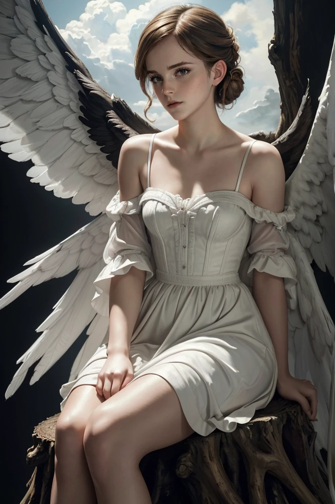 a cute angel woman, mature, adult (emma Watson) beauty , tall, solo, is sitting on a stump, white fluffy clouds in the sky (art by Caravaggio), renessans (dark-light contrast oil palette canvas/acrylic), intricate, extreme detail, complex key, ((single shot)), ((best quality)), ((masterpiece)), ((realistic)), 8k, baroque art painting, white wings, sunlight