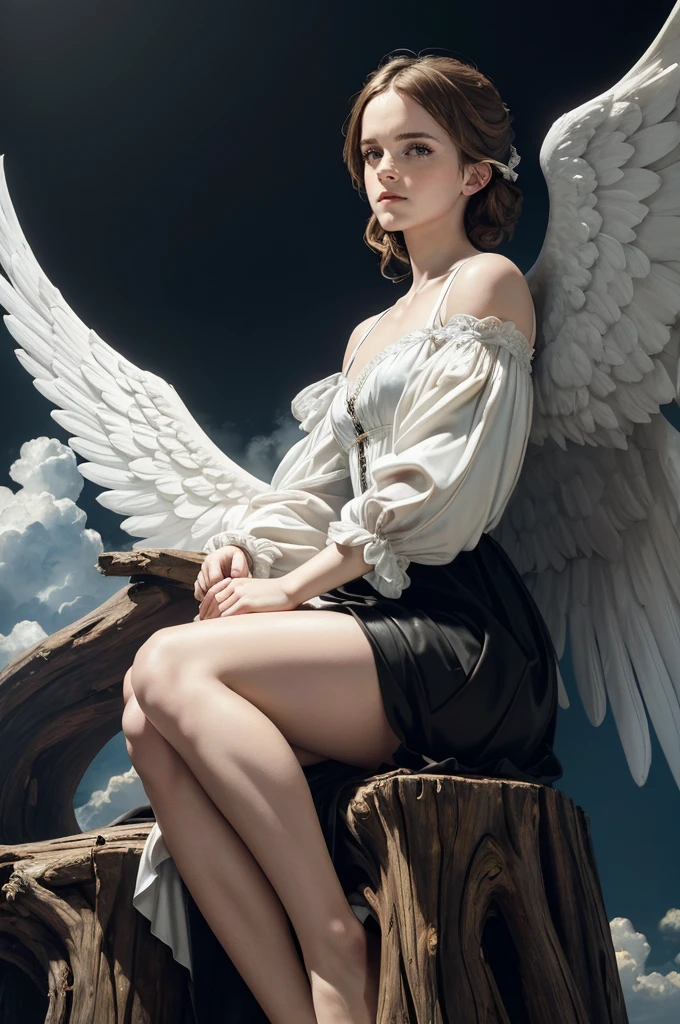 a cute angel woman, mature, adult (emma Watson) beauty , tall, solo, is sitting on a stump, white fluffy clouds in the sky  (art by  Caravaggio), renessans (dark-light contrast oil palette canvas/acrylic), intricate, extreme detail, complex key, ((single shot)), ((best quality)), ((masterpiece)), ((realistic)), 8k, baroque art painting, white wings, sunlight