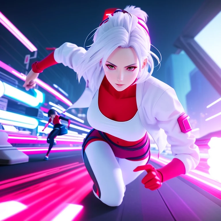 A woman in a white top and red pants is running in a futuristic city, 3D Rendering Character Art 8K, background artwork, 3D digital art 4k, digital artwork 4k, Game style 8k, Cool Anime 8K, Digital Cyberpunk Anime Art, 4k detailed digital art, Hero pose colorful city lights, Anime style 4K, Game CG