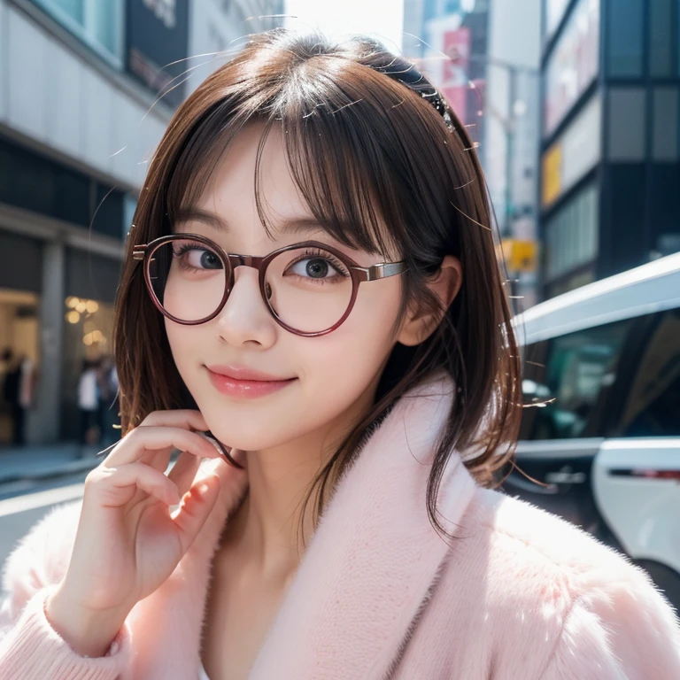 1 girl、on tokyo street、A city scape、The upper part of the body、a closeup、A smile、Round frame glasses、Pink glasses frame、Round frame glasses、(8K、Raw photography、top-quality、​masterpiece:1.2)、(realisitic、photoRealstic:1.37)、Highly detailed eyelash drawing、(((Top image quality))),Fine skin, (Beautiful hair), (Perfect Anatomy), (Realistic), (Dynamic Angle), Pose Seductive,Perfect,Sensual look、top-quality、hight resolution、